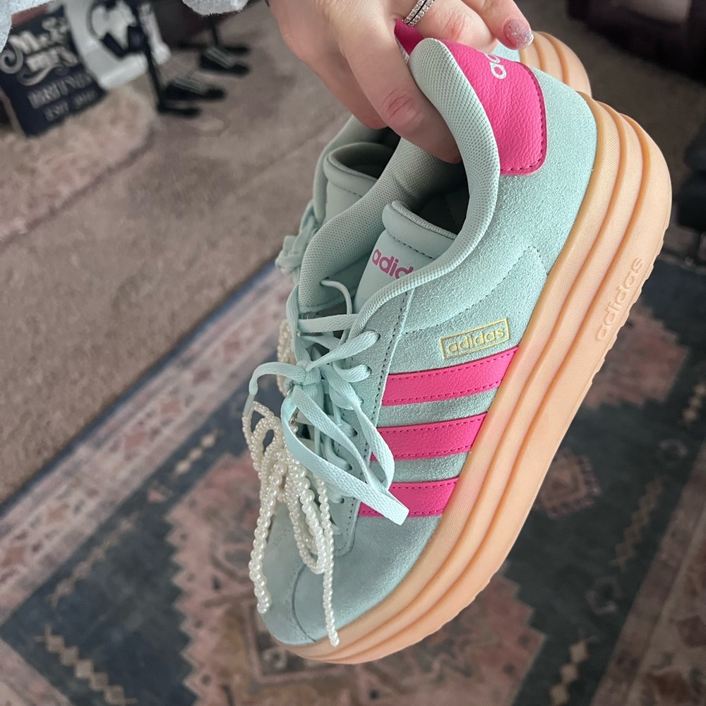 adidas Mint Green & Hot Pink Platform Sneakers - Picture 2 of 7